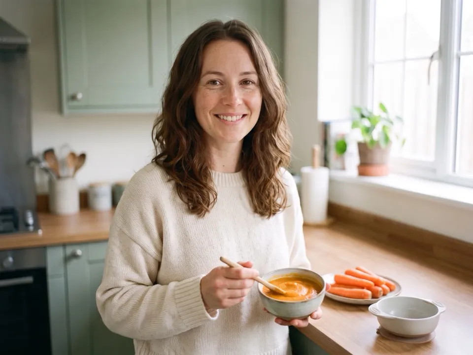 Camille prépare une purée de carottes pour son bébé dans sa cuisine