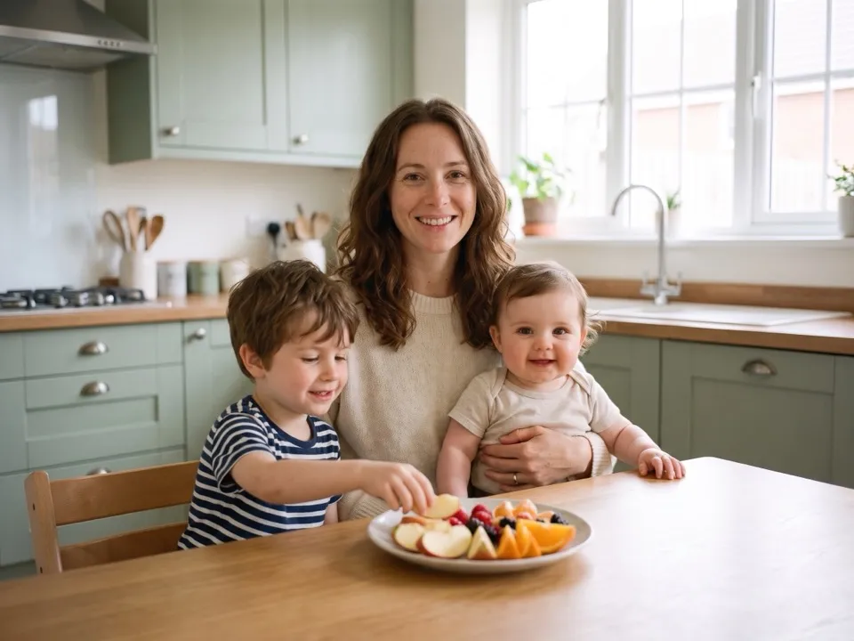 Camille à la table de sa cuisine avec ses deux enfants, son fils de 4 ans et sa fille de 8 mois