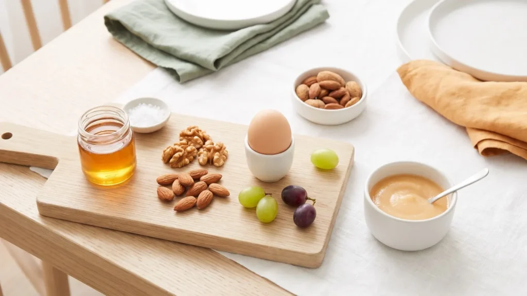 Miel, noix entières, œuf cru, raisins et sel mis à part d'un bol de purée
