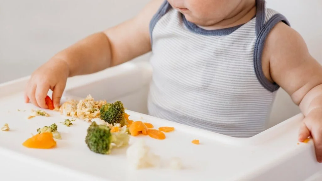 Petit garçon dans sa chaise haute qui choisit quoi manger