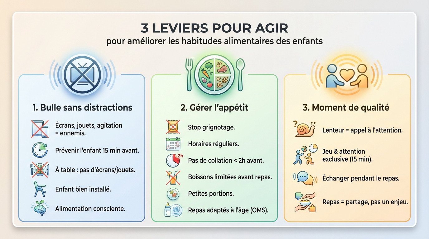 Infographie présentant les 3 leviers pour aider un enfant qui mange lentement : distractions, appétit et attention