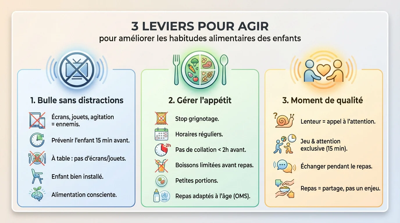 3 leviers pour ameliorer les habitudes alimentaires des enfants Infographie présentant les 3 leviers pour aider un enfant qui mange lentement : distractions, appétit et attention