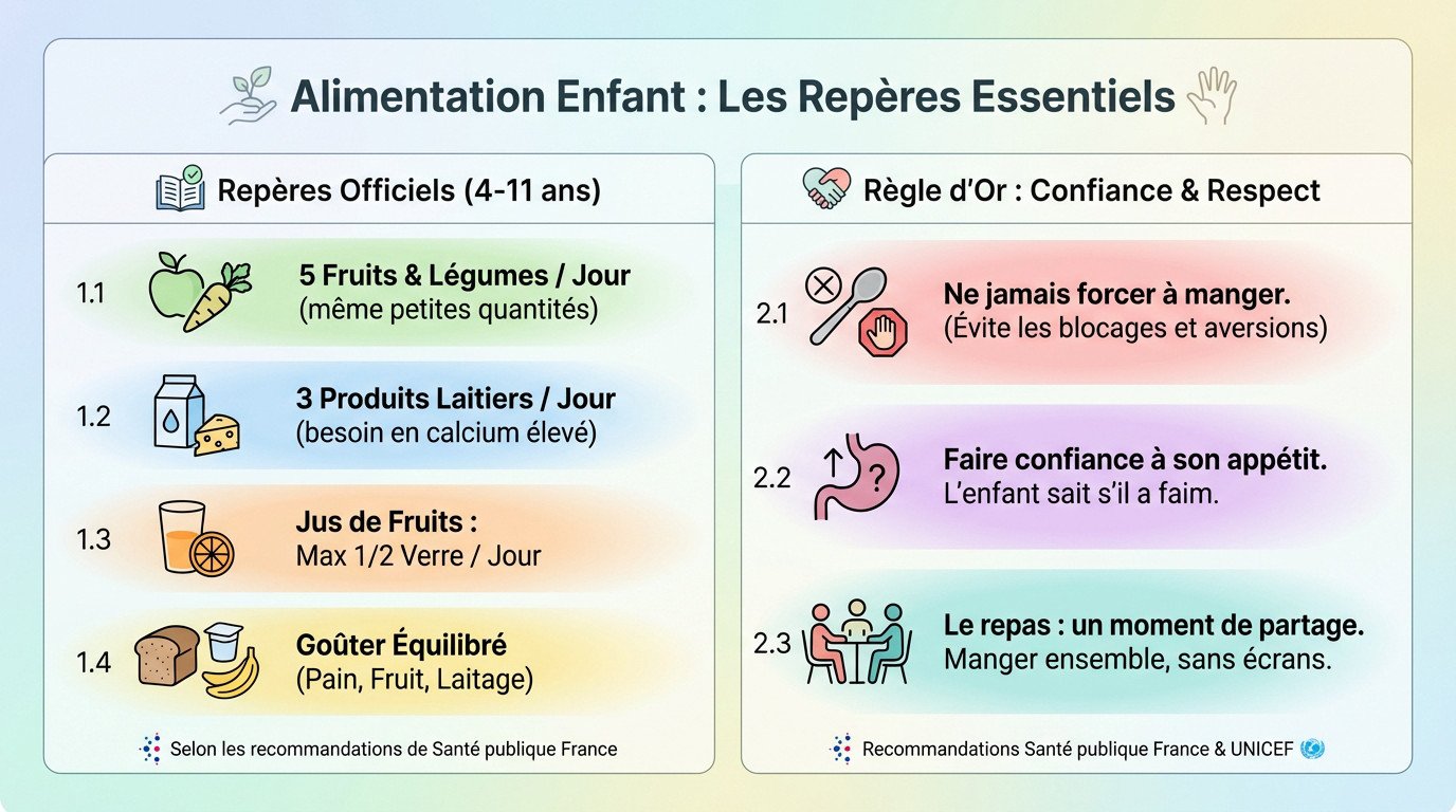 Illustration des repères nutritionnels pour l'alimentation des enfants de 4 à 11 ans