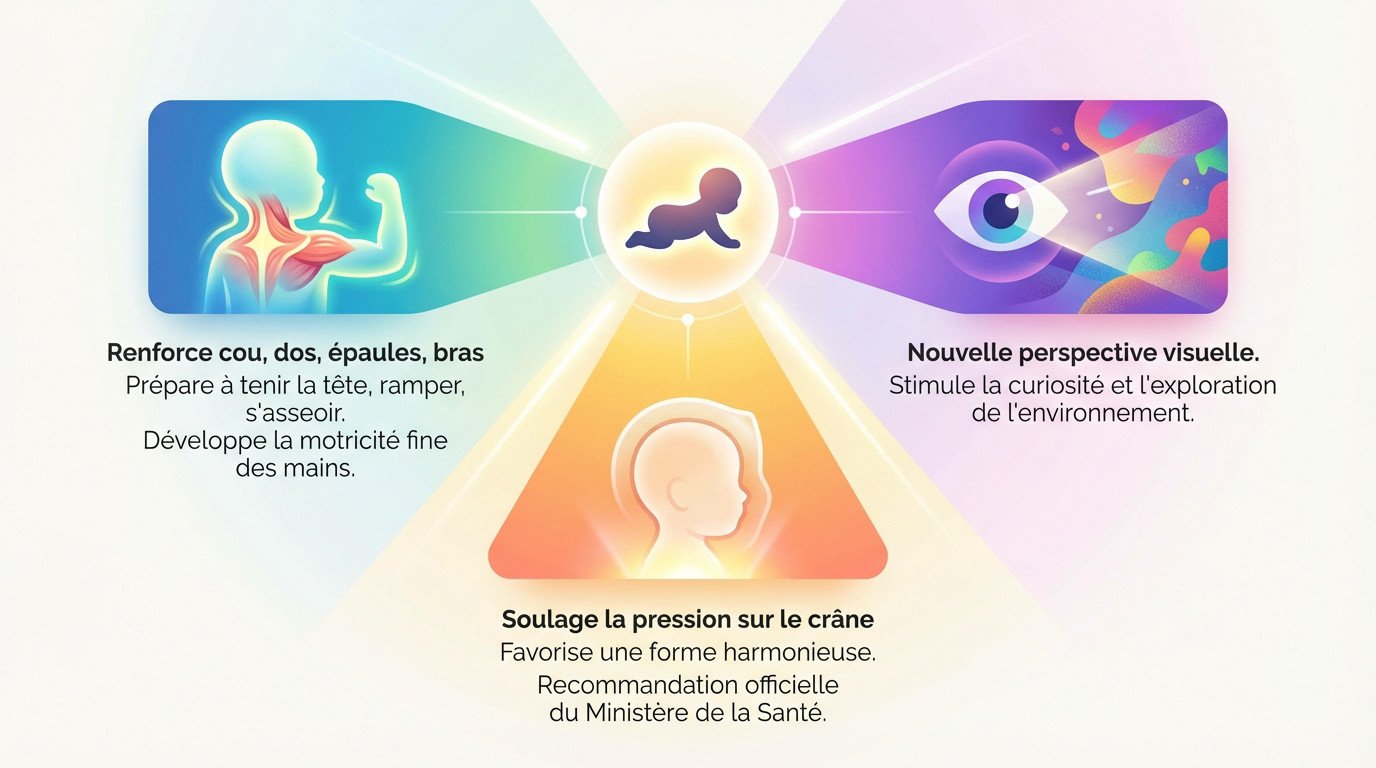 Bébé sur le ventre relevant la tête, illustrant le renforcement musculaire et le développement moteur