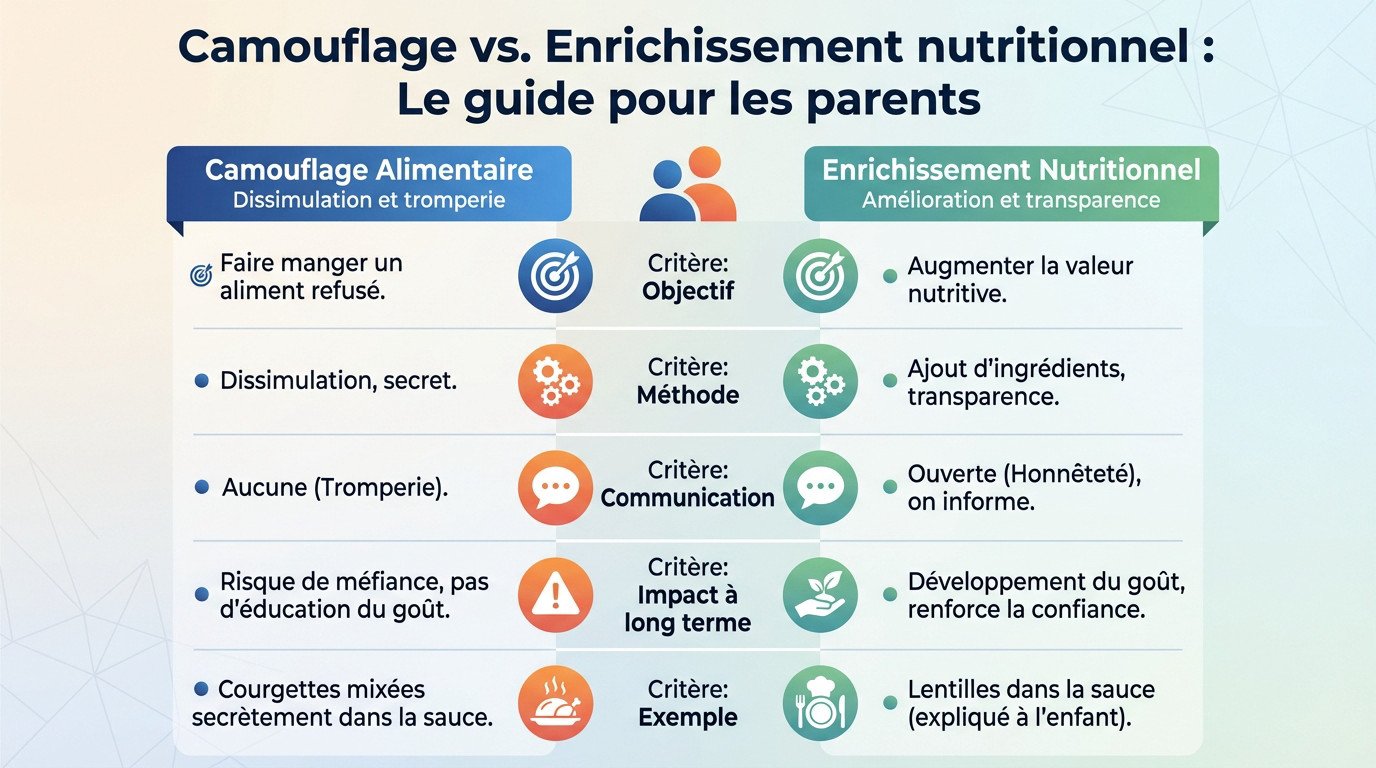 Comparaison visuelle entre le camouflage alimentaire et l'enrichissement nutritionnel pour les enfants