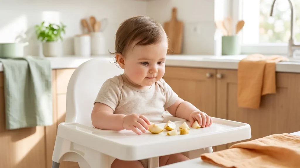 Bébé assis dans une chaise haute blanche toute simple, avec des morceaux de poire