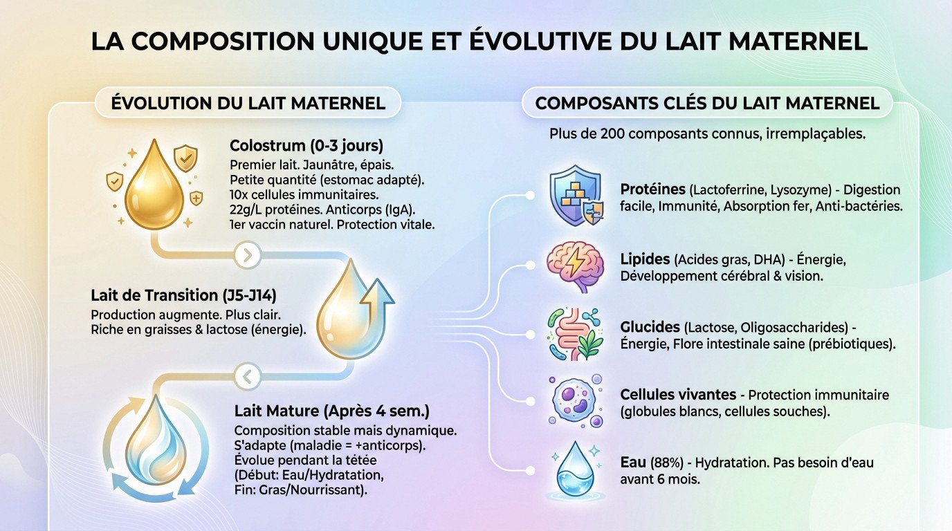 Infographie détaillant l'évolution de la composition du lait maternel du colostrum au lait mature