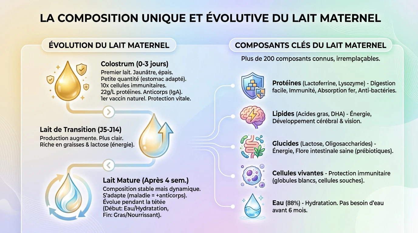 Infographie détaillant l'évolution de la composition du lait maternel du colostrum au lait mature