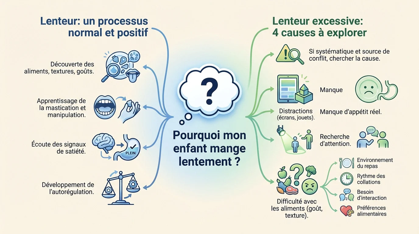 comprendre la lenteur de lenfant a table Enfant qui mange lentement à table en observant sa nourriture avec curiosité