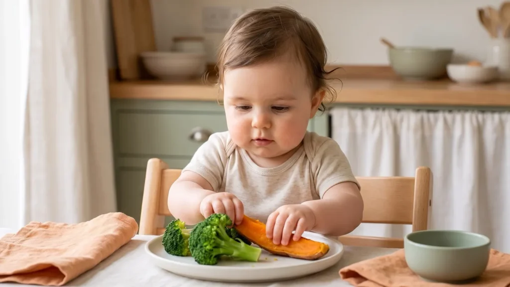 Bébé attrape seul un bâtonnet de brocoli et de patate douce sur sa tablette