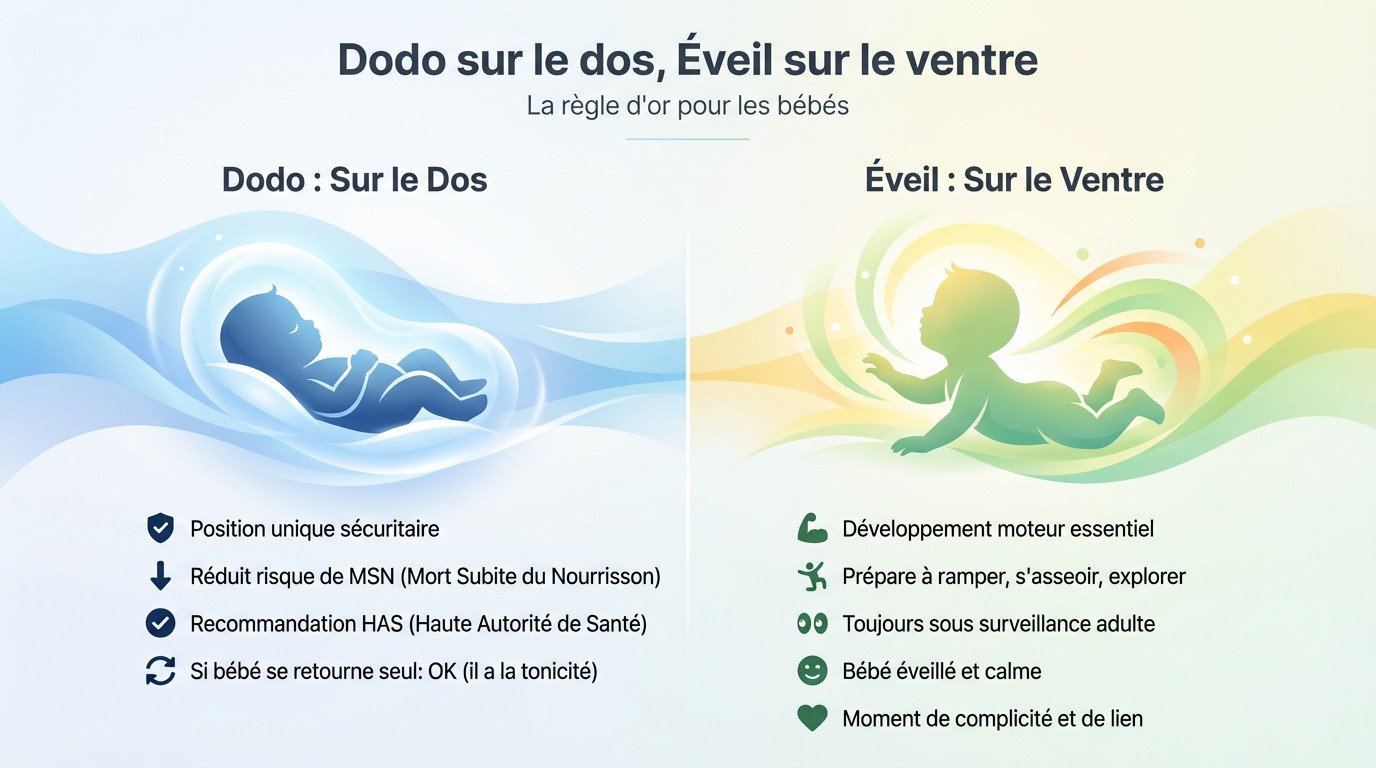 Bébé en position sécuritaire sur le dos pour dormir et sur le ventre pour l'éveil