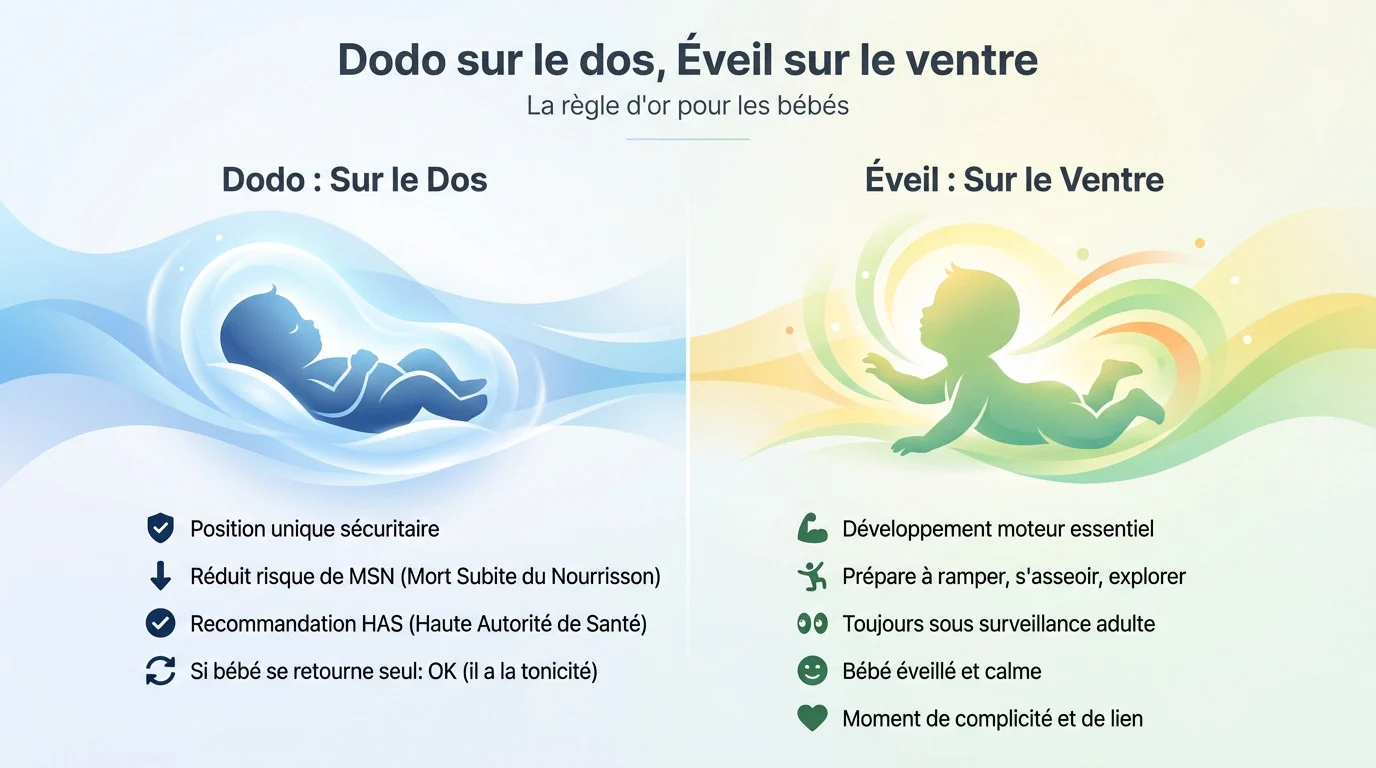 Bébé en position sécuritaire sur le dos pour dormir et sur le ventre pour l'éveil