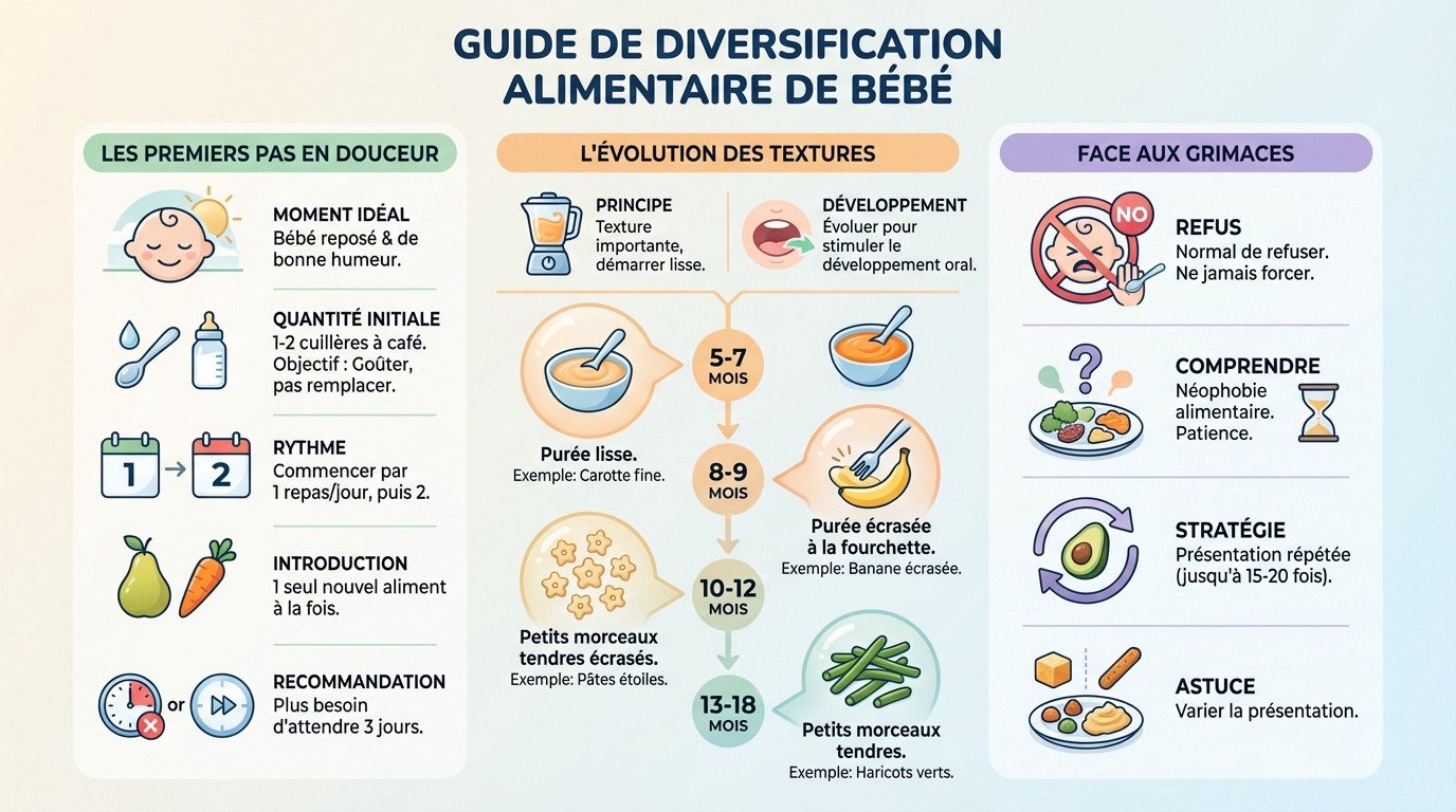 Bébé découvrant ses premiers aliments solides lors de la diversification alimentaire
