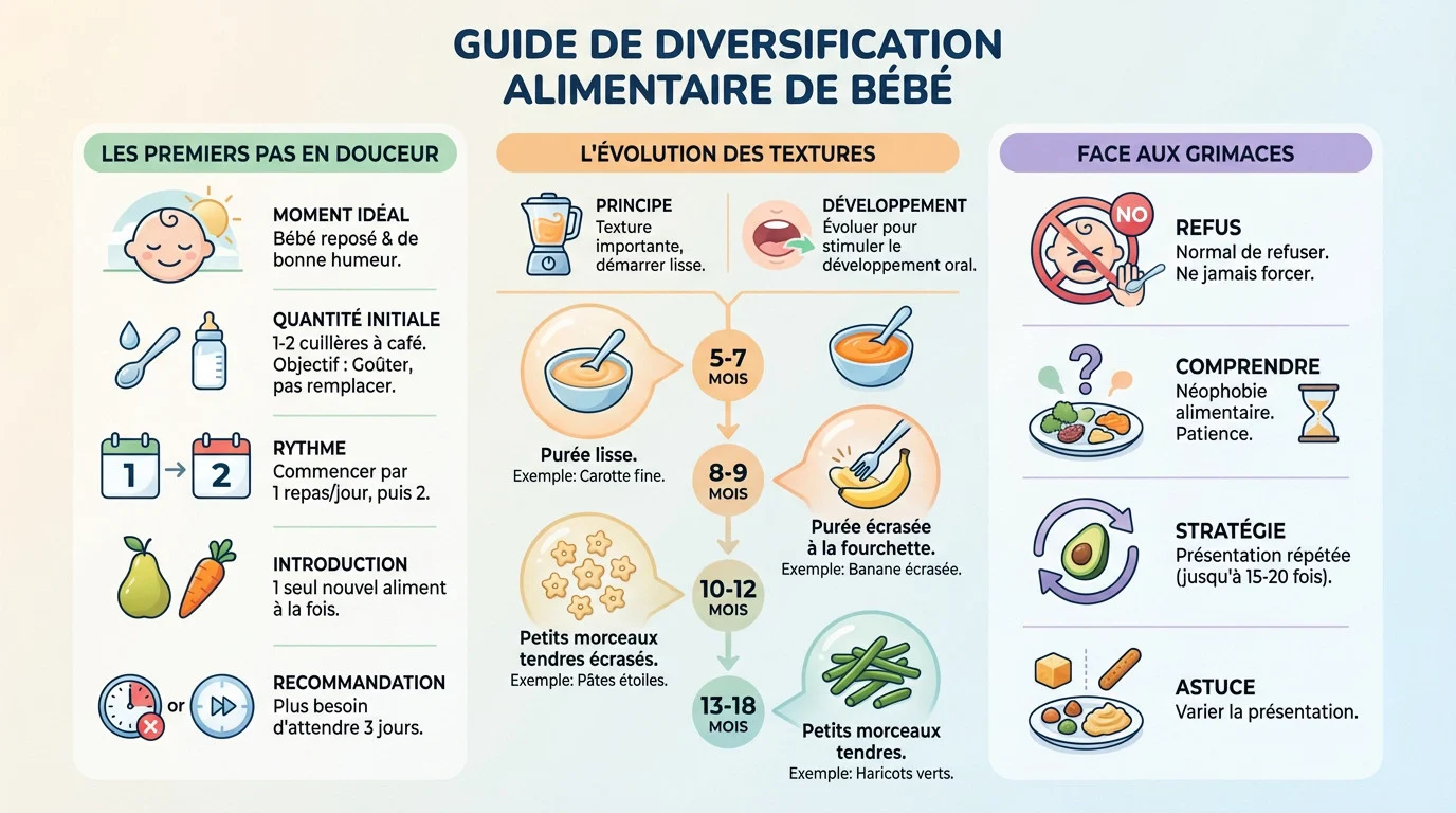 Bébé découvrant ses premiers aliments solides lors de la diversification alimentaire