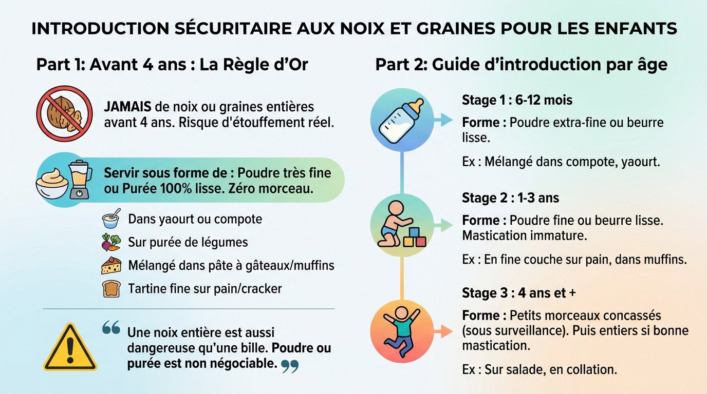 introduction securitaire noix et graines enfants Bébé mangeant une purée de noix en toute sécurité sur une chaise haute