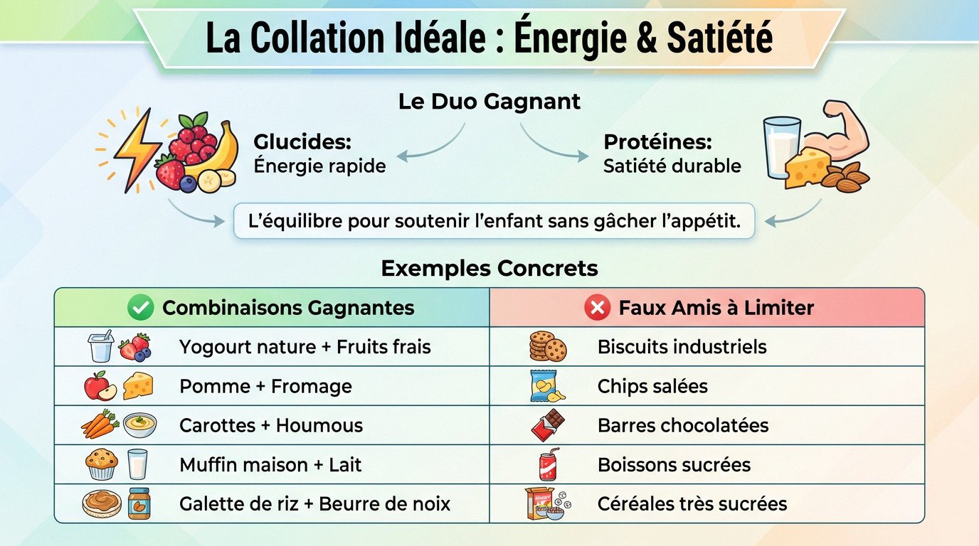 Enfant souriant mangeant une collation équilibrée composée de fruits et de yaourt