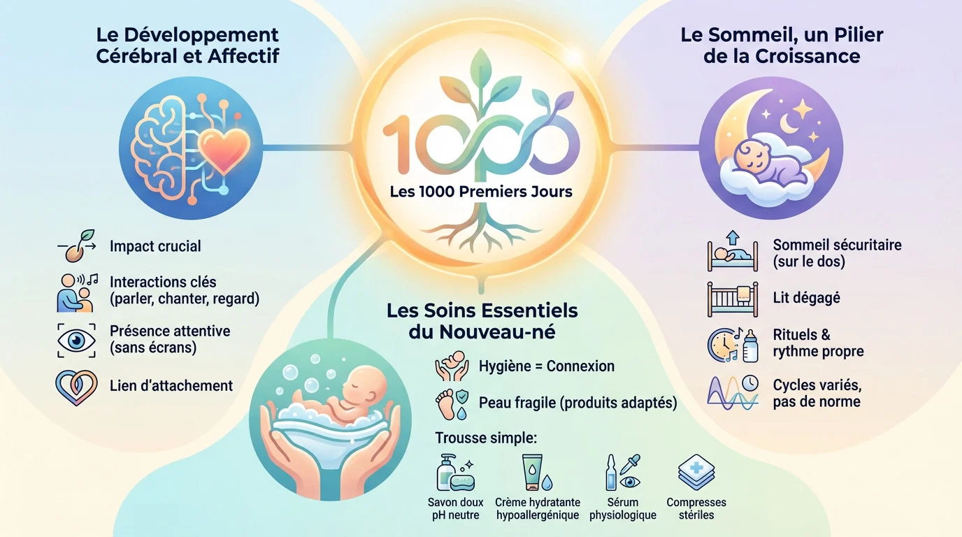 Bébé dort paisiblement, illustrant l'importance du sommeil et des soins durant les 1000 premiers jours