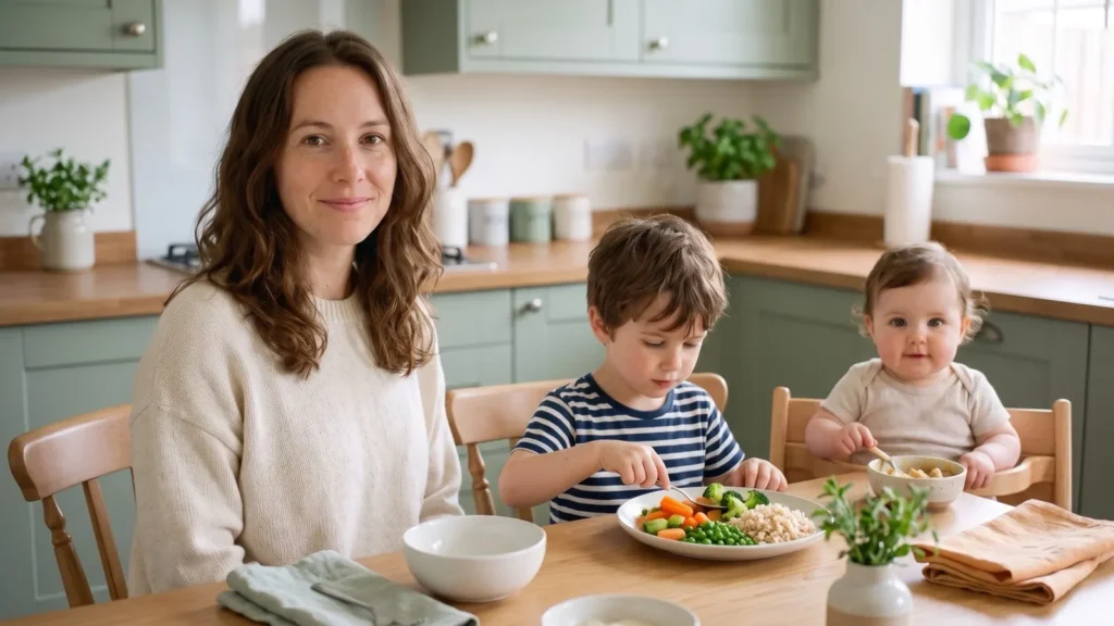 Camille assise près de son fils de 4 ans qui prend son temps pour finir son assiette