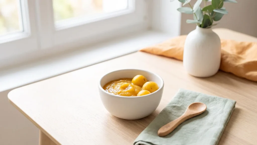 Bol de compote de mirabelles dorées entouré de mirabelles fraîches