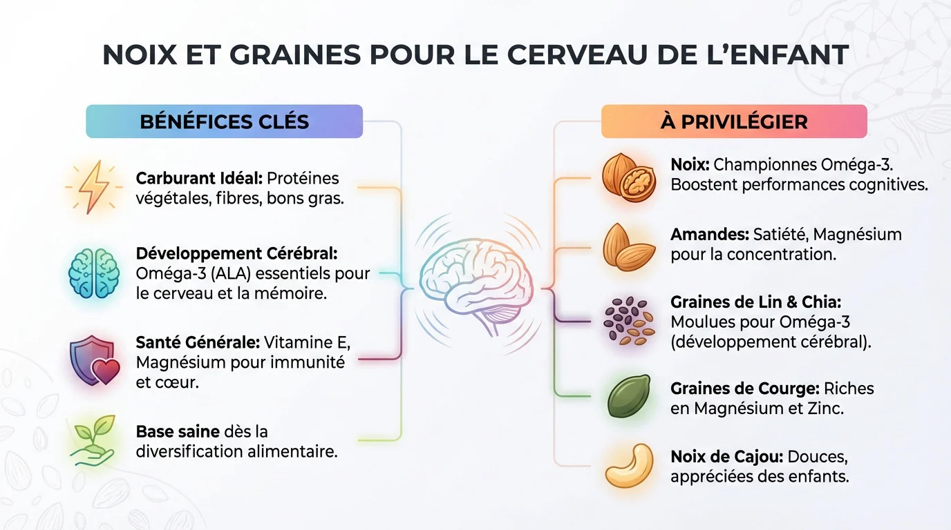 Enfant mangeant des noix et graines moulues bénéfiques pour le cerveau