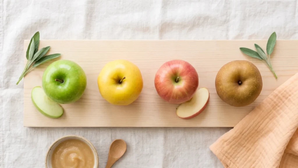 Quatre variétés de pommes, verte, jaune, rouge et reinette, avec quelques tranches