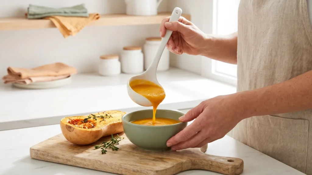Mains qui servent une soupe de butternut veloutée dans un petit bol