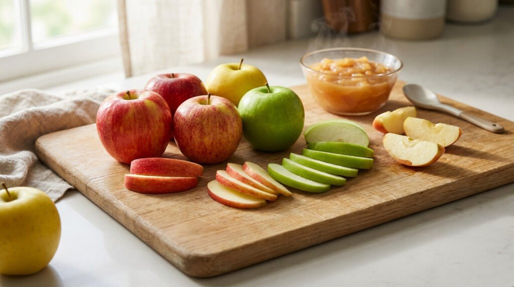 Variétés de pommes pour compote, incluant McIntosh et Reine des Reinettes, sur une table en bois