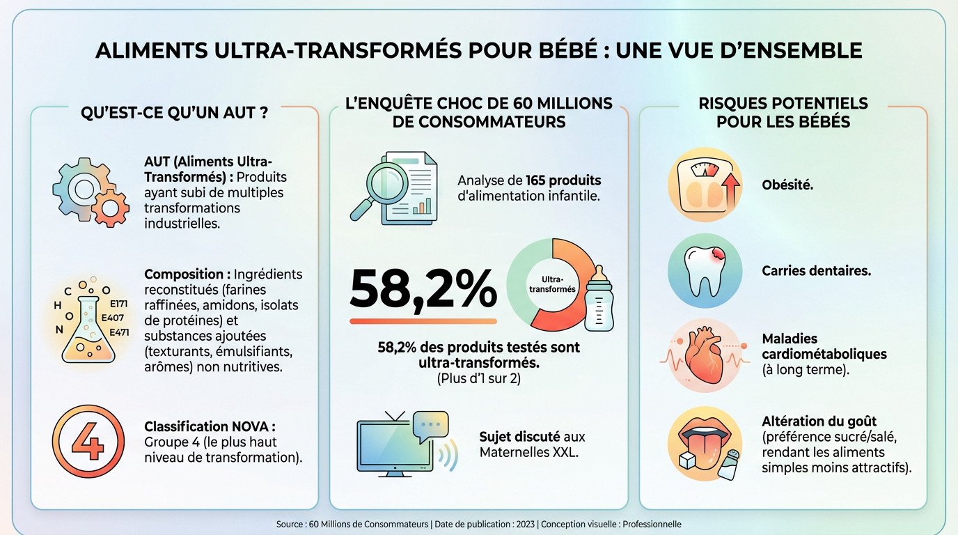 aliments ultra transformes pour bebe une vue densemble Rayon d'aliments pour bébés illustrant la problématique des produits ultra-transformés