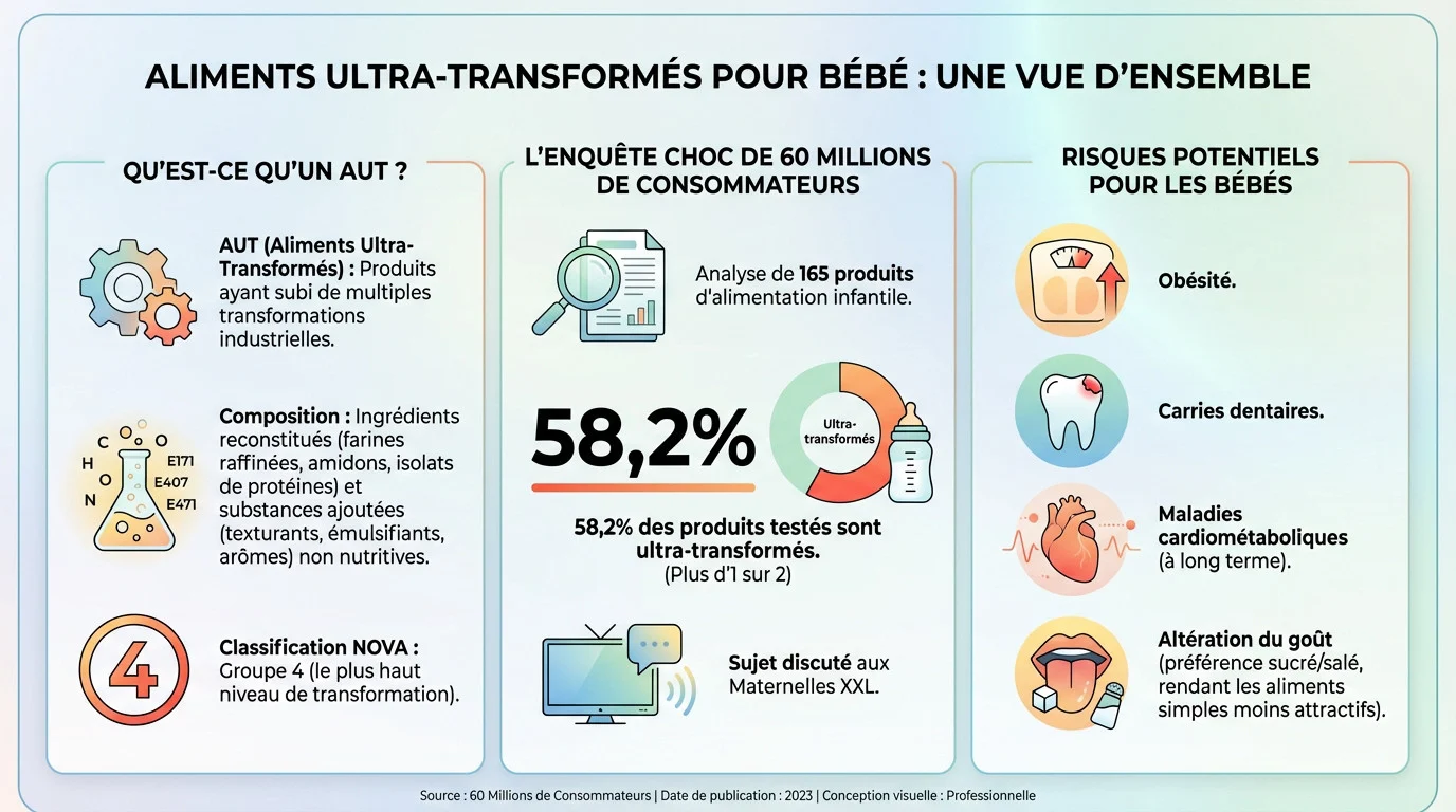 Rayon d'aliments pour bébés illustrant la problématique des produits ultra-transformés