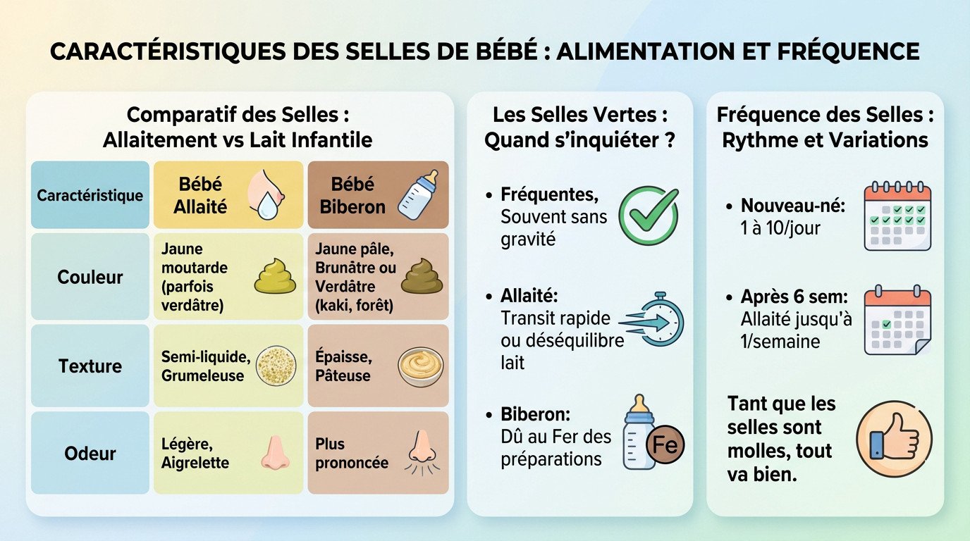 Guide visuel comparatif des couleurs et textures des selles de bébé allaité ou au biberon