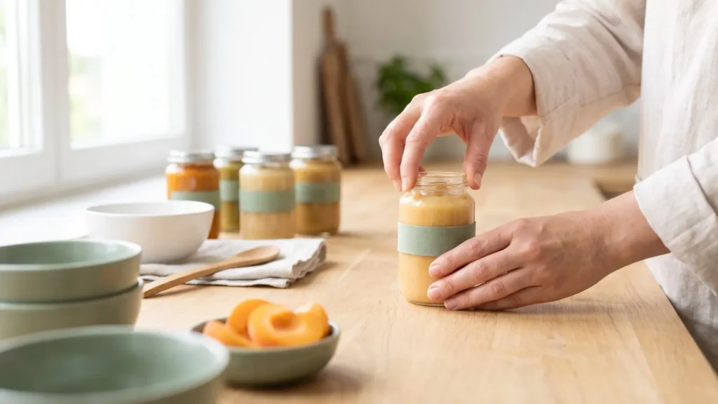 Mains qui ouvrent un petit pot en verre de purée de légumes maison