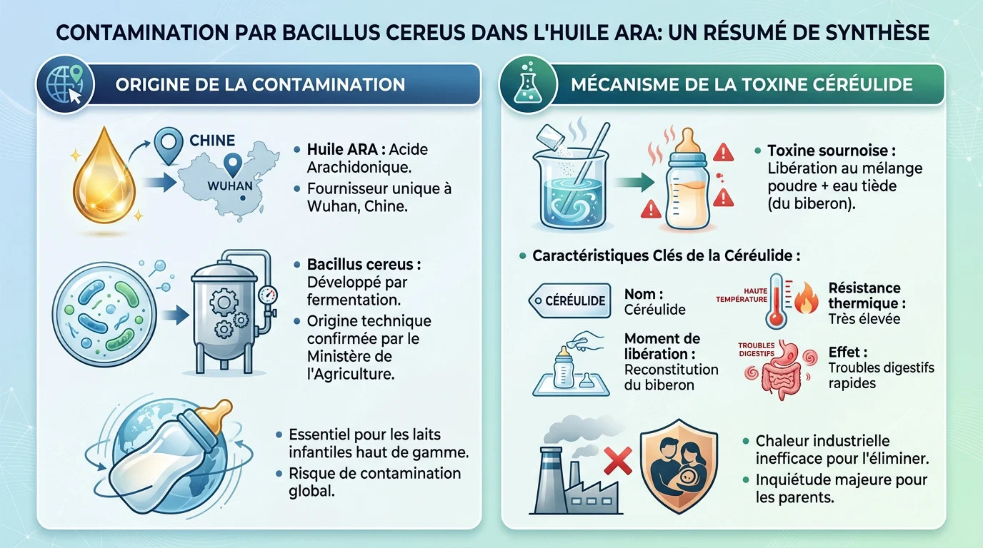 Schéma de synthèse expliquant la contamination de l'huile ARA par Bacillus cereus dans les laits infantiles