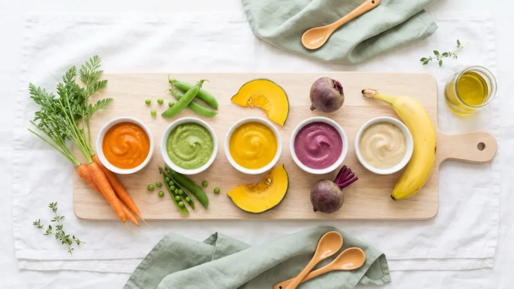 Petits bols de purées aux couleurs variées, carotte, petit pois, courge et betterave, à côté des légumes crus