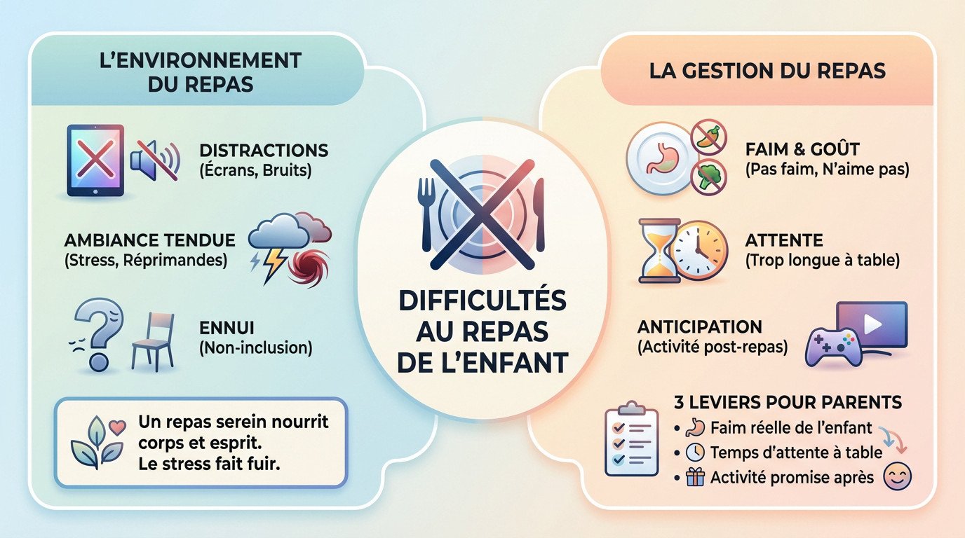 Enfant distrait à table refusant de manger à cause de l'environnement