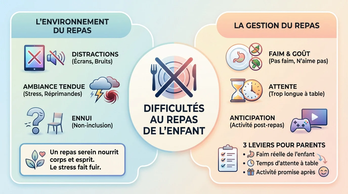 Enfant distrait à table refusant de manger à cause de l'environnement