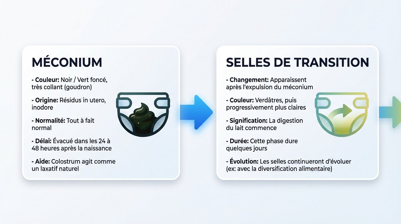 Evolution de la couleur des selles de bébé du méconium noir aux selles de transition verdâtres
