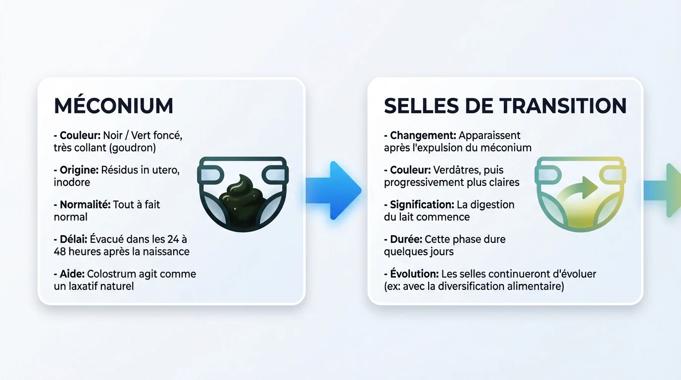 evolution des selles de bebe meconium et transition Evolution de la couleur des selles de bébé du méconium noir aux selles de transition verdâtres