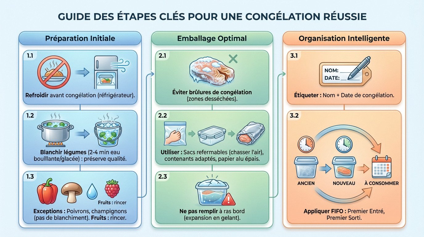 Schéma illustrant les étapes de préparation pour la congélation : refroidissement, blanchiment et emballage hermétique