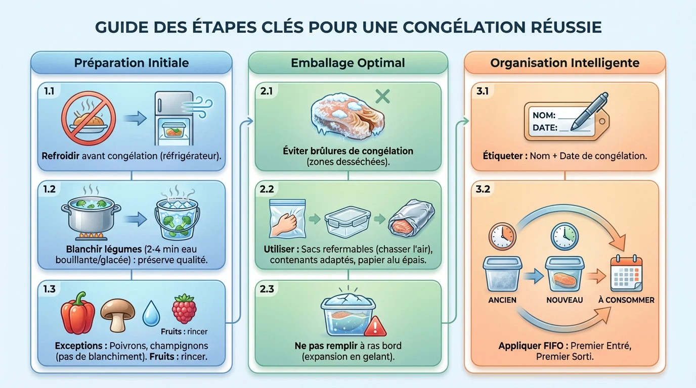 Schéma illustrant les étapes de préparation pour la congélation : refroidissement, blanchiment et emballage hermétique