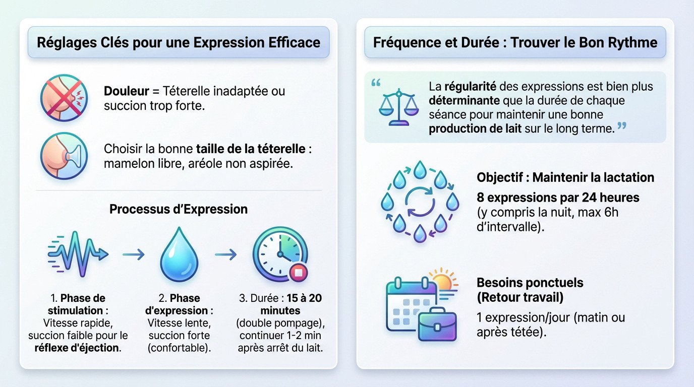Mère installée confortablement utilisant un tire-lait électrique avec les bons réglages