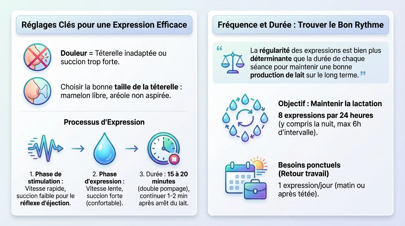 Mère installée confortablement utilisant un tire-lait électrique avec les bons réglages