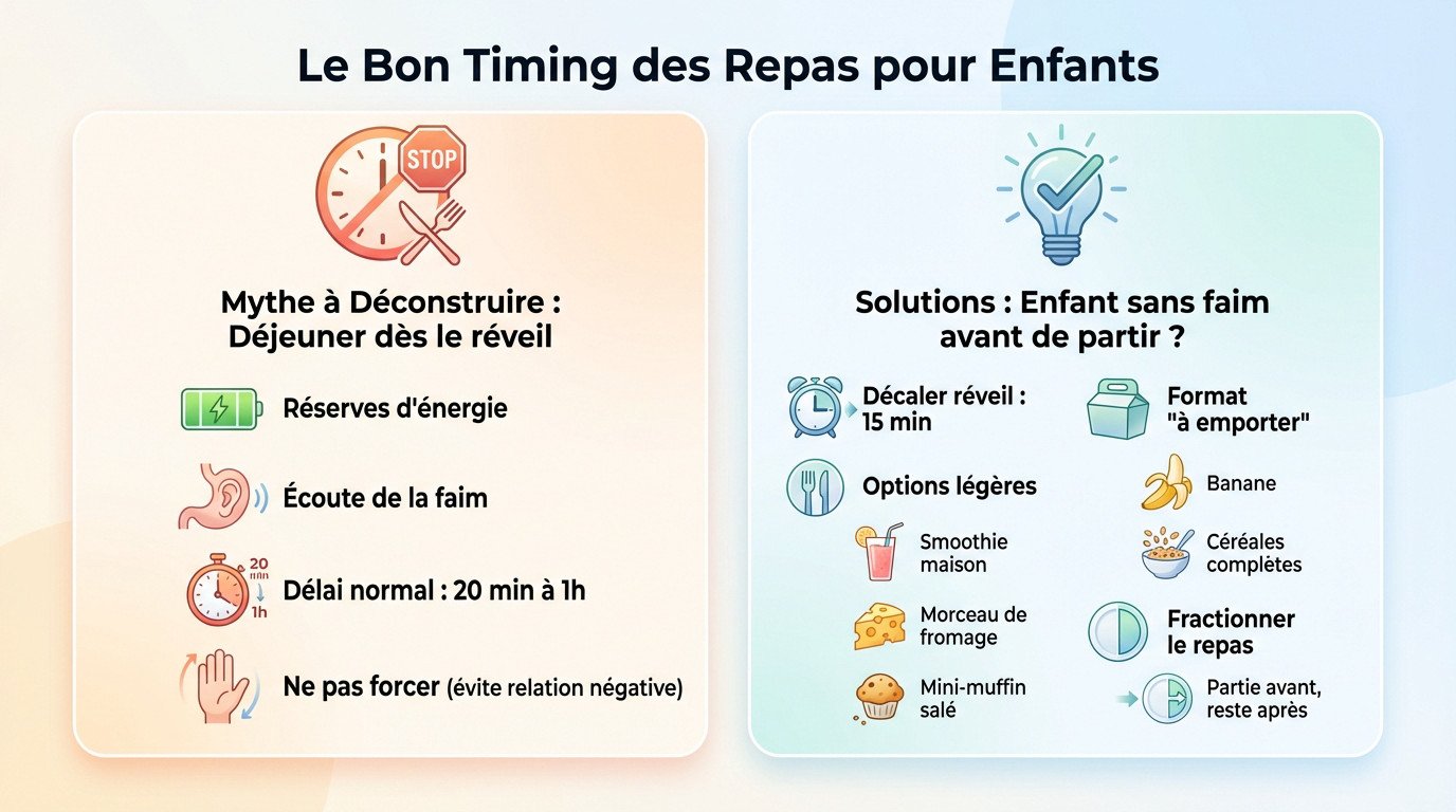 Enfant à table qui refuse de manger son déjeuner, illustrant le bon timing des repas