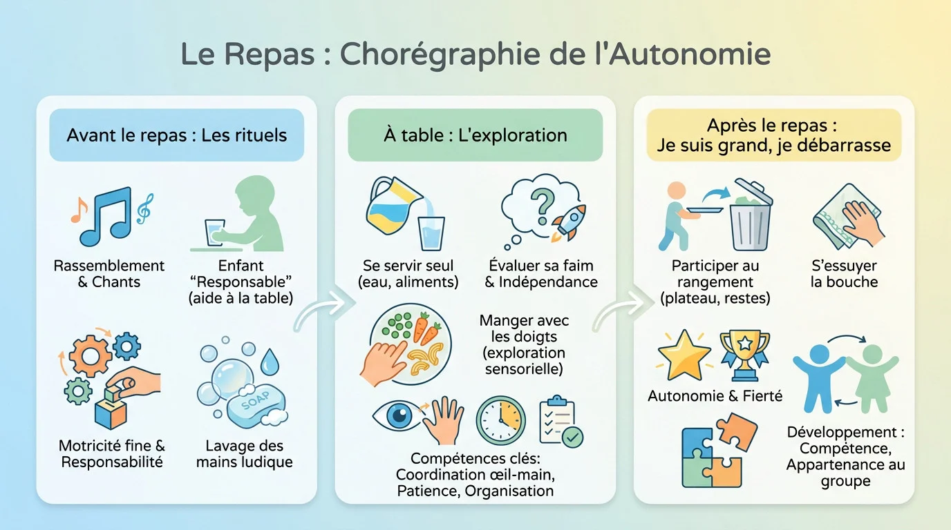 Jeune enfant développant son autonomie et sa motricité fine lors d'un repas éducatif en crèche