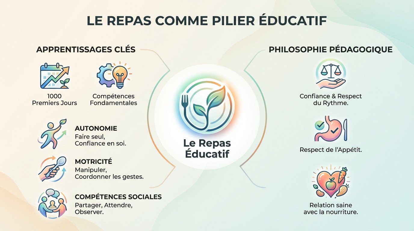 le repas comme pilier educatif Enfant en crèche développant son autonomie lors d'un repas éducatif
