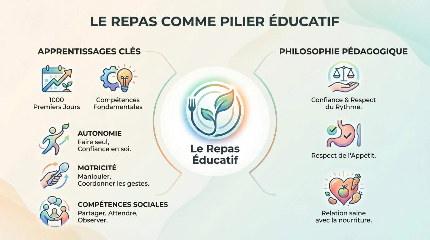 Enfant en crèche développant son autonomie lors d'un repas éducatif