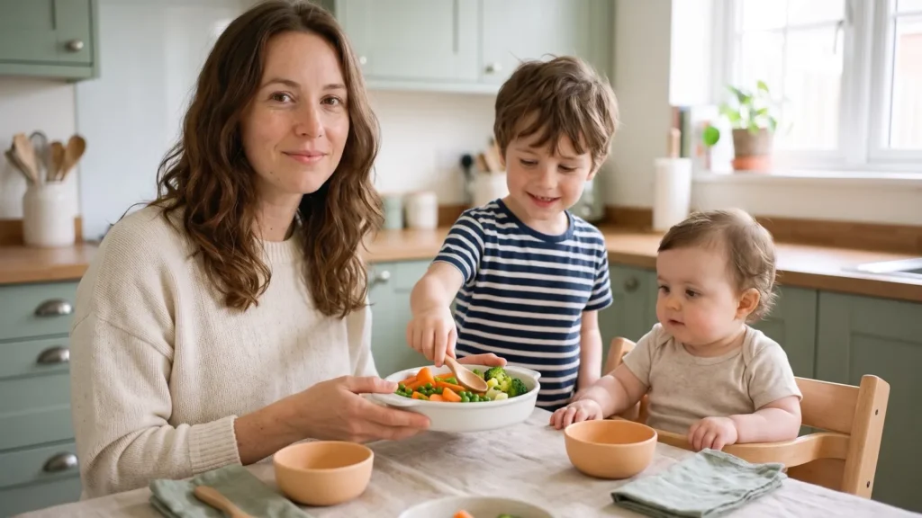 Camille et ses deux enfants à table, le grand se sert seul des légumes