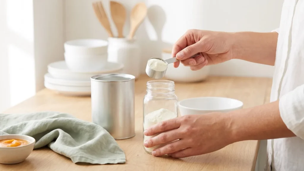 Mains qui préparent un biberon de lait infantile avec une mesurette