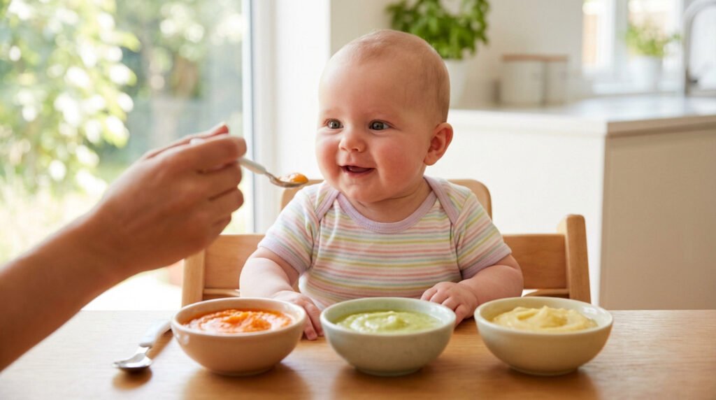 smiling baby enjoying first pureed meal 3 Purée bébé 4 mois quel légume - Top 5 et conseils 2026