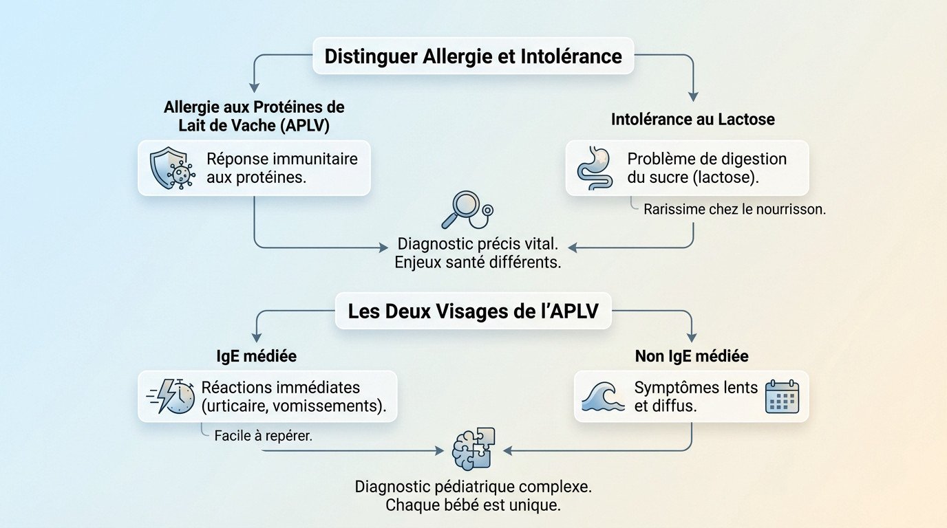 Schéma expliquant les nuances entre APLV et intolérance au lactose chez le bébé