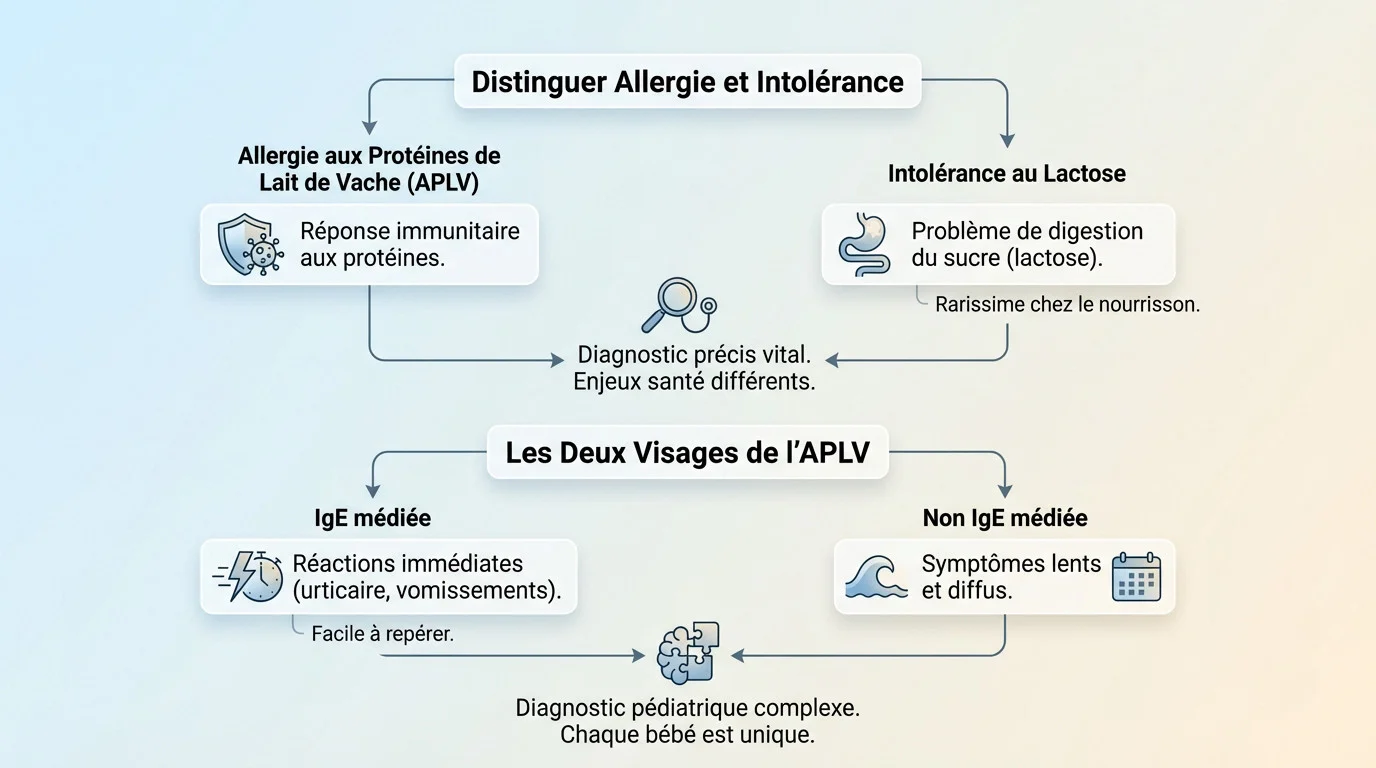 Schéma expliquant les nuances entre APLV et intolérance au lactose chez le bébé